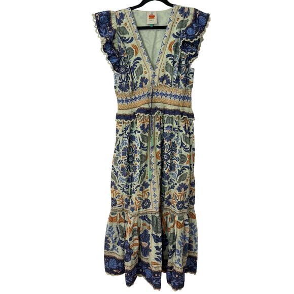 Farm Rio Women's Ocean Tapestry Maxi Dress Smocked V Neck Ruffle Printed Large - Picture 2 of 13